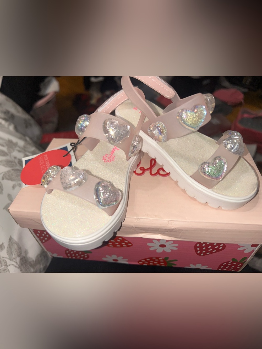 Girls Pink Heart Gem Strap Platform Sandals